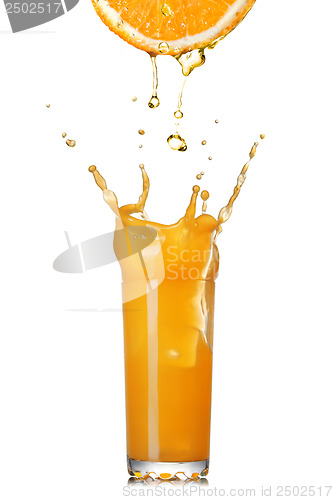 Image of fresh orange juice splash in the glass isolated on white