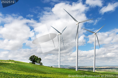 Image of Wind generators turbines on summer landscape