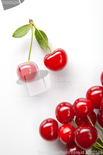 Image of Red cherry with leaves on white