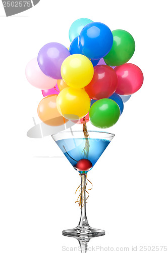 Image of Blue martini cocktail with color balloons isolated on white