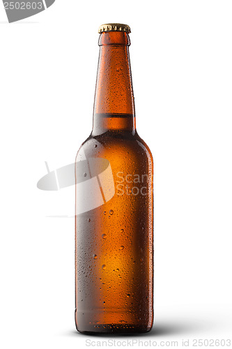 Image of Beer bottle with water drops isolated on white