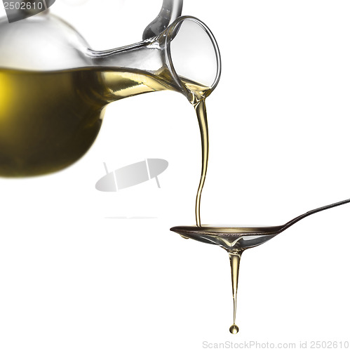 Image of Pouring oil from jar on spoon isolated on white