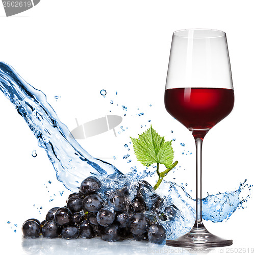 Image of Glass of wine with blue grape and water splash isolated on white