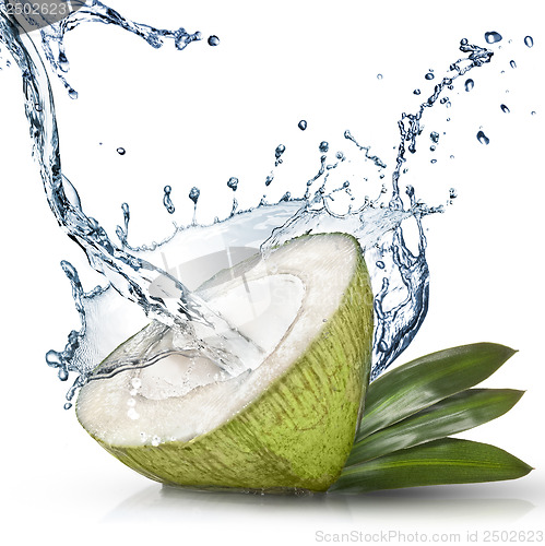 Image of Green coconut with water splash isolated on white