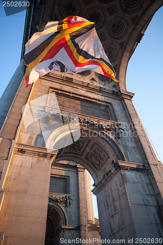 Image of Flag in Triumphal Arch in Cinquantennaire Parc in Brussels , Bel