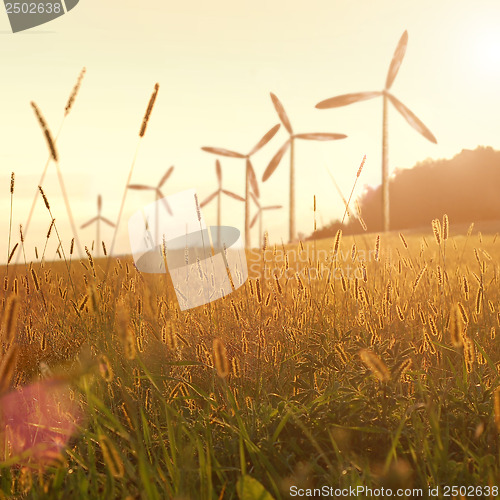 Image of wind generator turbines on sunset