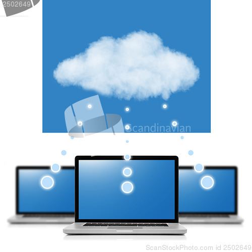 Image of Cloud computing network concept. Notebooks linked with cloud iso