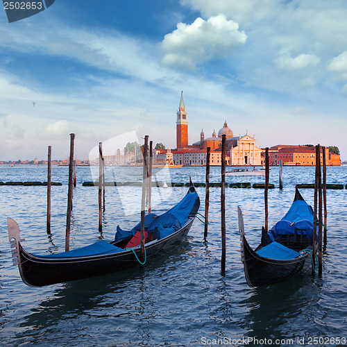 Image of Gondolas and San Giorgio Maggiore church on Grand Canal in Venic