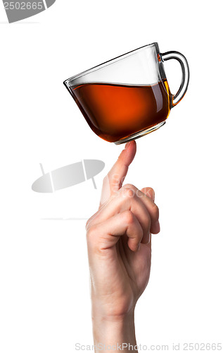 Image of Tea cup balanced on finger isolated on white