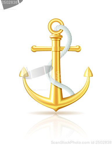 Image of Gold anchor with rope on white background.