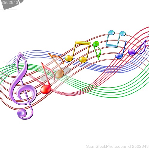 Image of Colorful musical notes staff background on white.