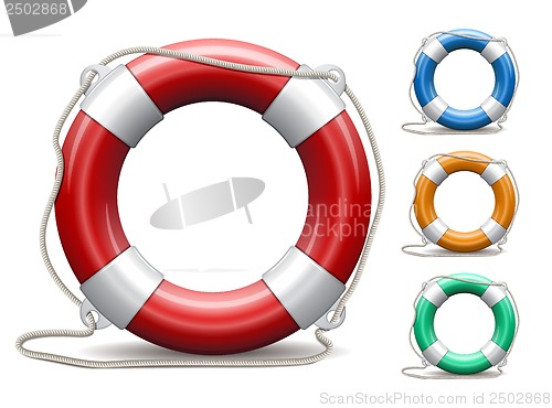 Image of Set of life buoys on white background.