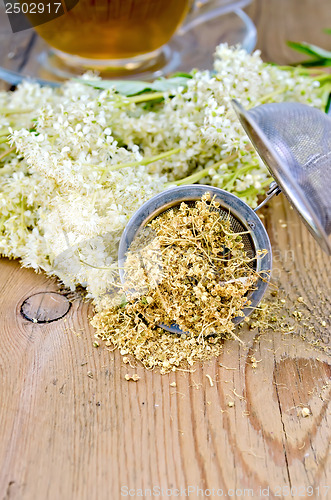 Image of Herbal tea with meadowsweet strainer and glass cup