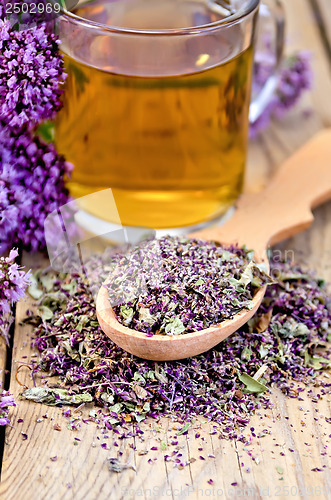 Image of Herbal tea of oregano with a spoon in a mug