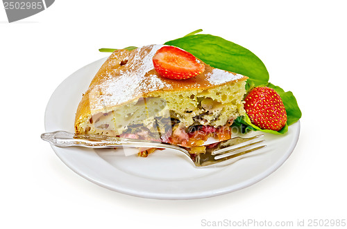 Image of Pie with strawberry and sorrel on a plate with a fork