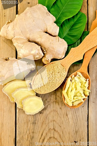 Image of Ginger powder and grated in the spoon with the root