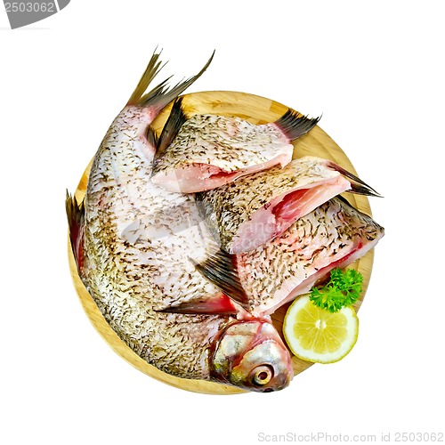 Image of Bream raw on a round board with lemon and parsley