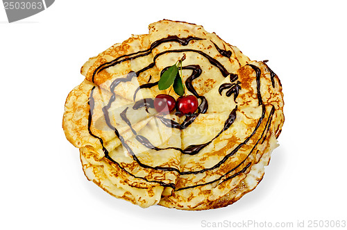 Image of Pancakes with cherry and chocolate syrup in a circle