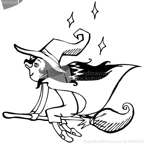 Image of Vector illustration. Cute witch. Black outline sketch