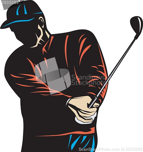 Image of Golfer Swinging Club Woodcut Retro