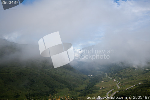 Image of View on mountain in clouds. Mountains in Andorra