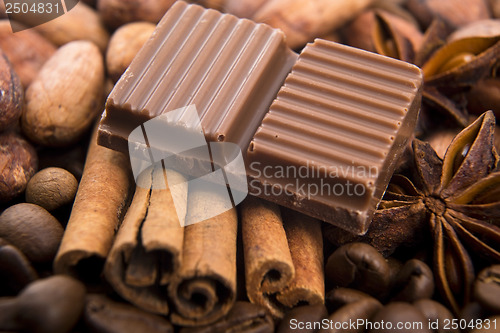 Image of chocolate with coffee beans, spices and cacao
