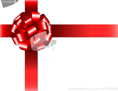 Image of Shiny red ribbon with bow on white background
