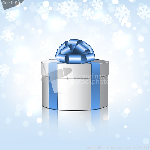 Image of White gift box with a blue bow.