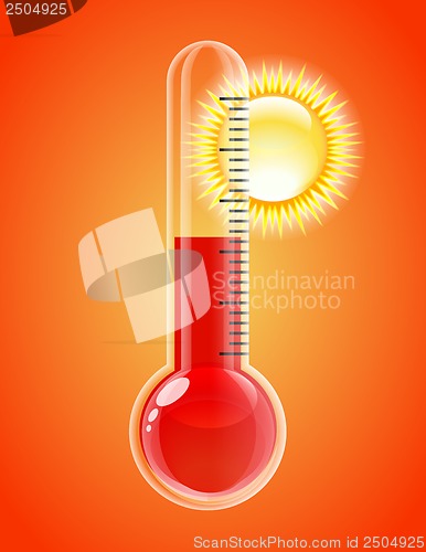 Image of Thermometer with sun. Hot weather.