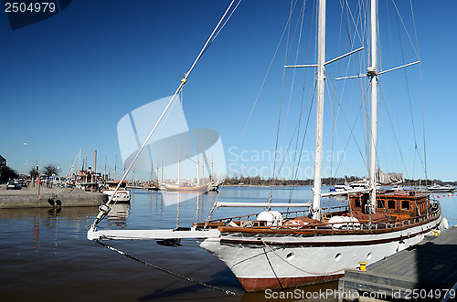 Image of two-masted sailing ship moored in Helsinki