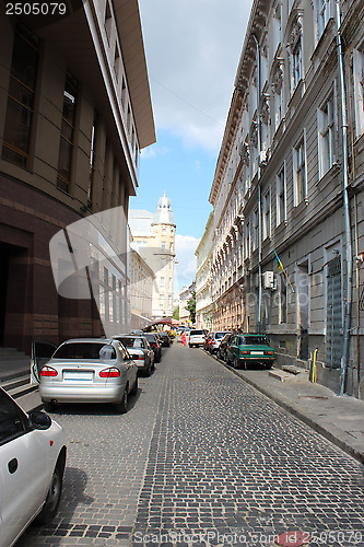 Image of street in Lvov with parked cars