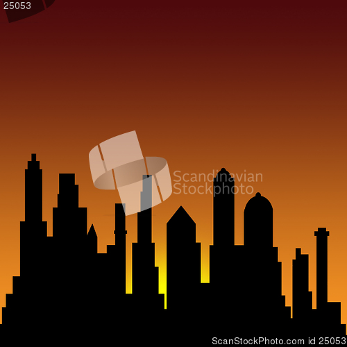 Image of Buildings against a red/orange background