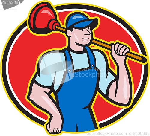 Image of Plumber Holding Plunger Cartoon