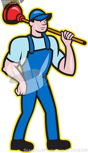 Image of Plumber Holding Plunger Standing Cartoon