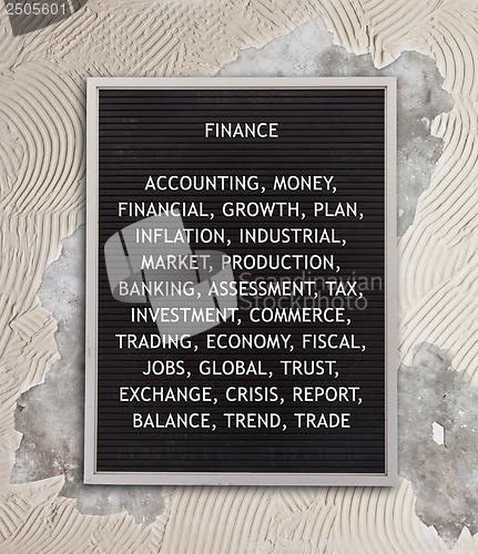 Image of Finance concept in plastic letters on very old menu board