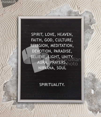 Image of Spirituality concept in plastic letters on very old menu board