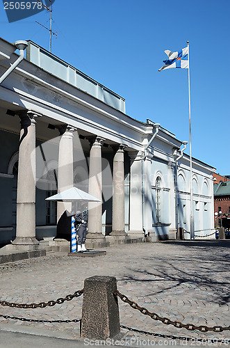 Image of HELSINKI, FINLAND ? MAY 06:  Finnish soldier guarding guardhouse