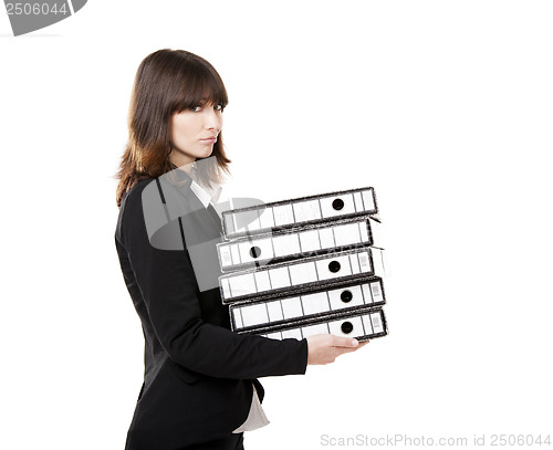 Image of Tired business woman holding folders