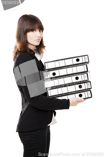 Image of Tired business woman holding folders