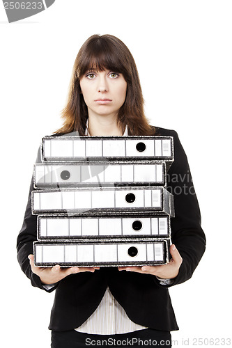 Image of Tired business woman holding folders