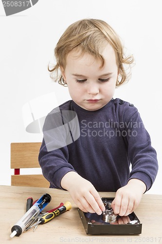 Image of little girl repairing computer parts