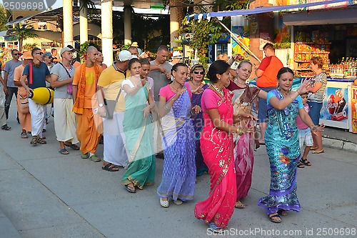 Image of Krishnaites dance on the street in Anapa