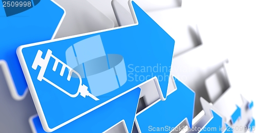 Image of Syringe Icon on Blue Arrow .