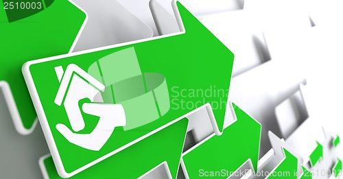 Image of Home in Hand Icon on Green Arrow.