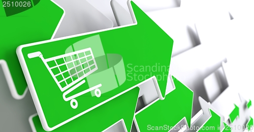 Image of Shopping Cart Icon on Green Arrow.