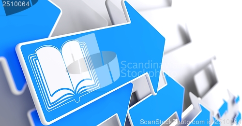 Image of Open Book Icon on Blue Arrow.