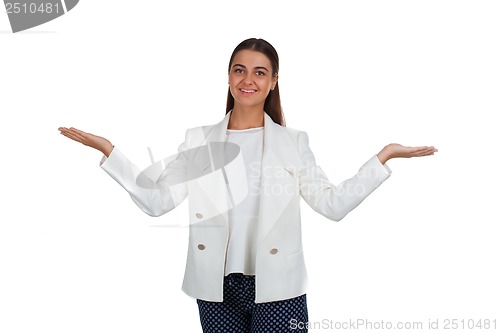 Image of Lovely woman showing something on the palms