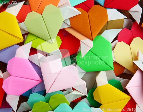 Image of heap of origami colorful heart