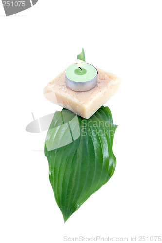 Image of Green leaf, soap and candle