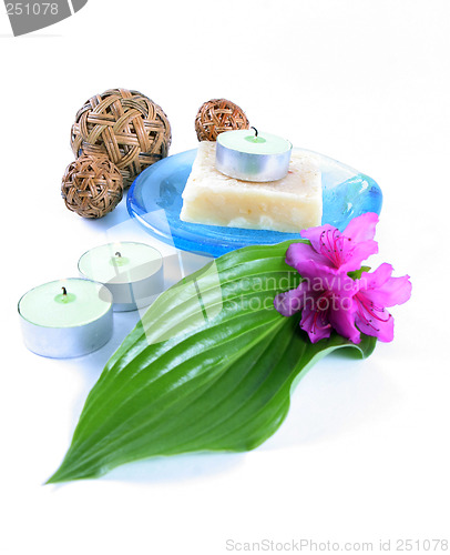 Image of Green leaf, soap and candle